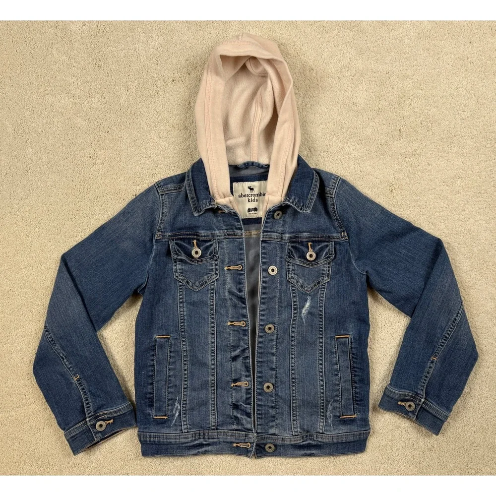 ABERCROMBIE Girls Size 9/10 Hooded Lined Blue Denim Trucker Jean Jacket #1522